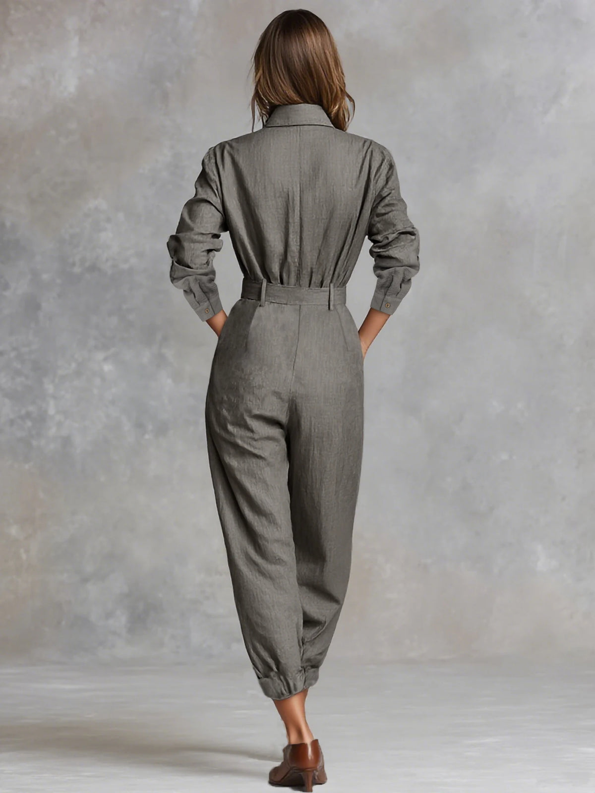 Damen Casual Utility Jumpsuit mit Doppelgürtel - Reverskragen Knopfleiste Langarm Haremshose Einteiler