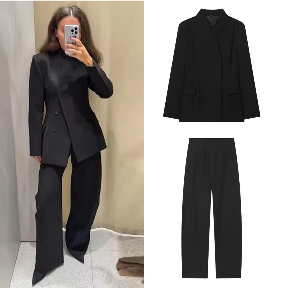 Frauen Elegante Schwarze Blazer Hosen Set Herbst Neue Taste Schlank Blazer Mantel + Zip-up Gerade Lange Hose Sets weibliche 2-teilige Anzüge