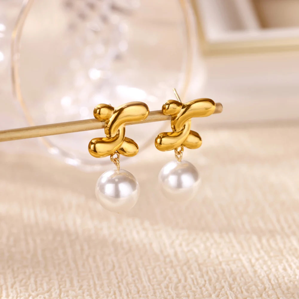 Elegante Imitation Perle Tropfen Ohrringe für Frauen Gold Farbe Edelstahl Herz Geometrische Durchbohrte Ohrringe Trendy Party Schmuck