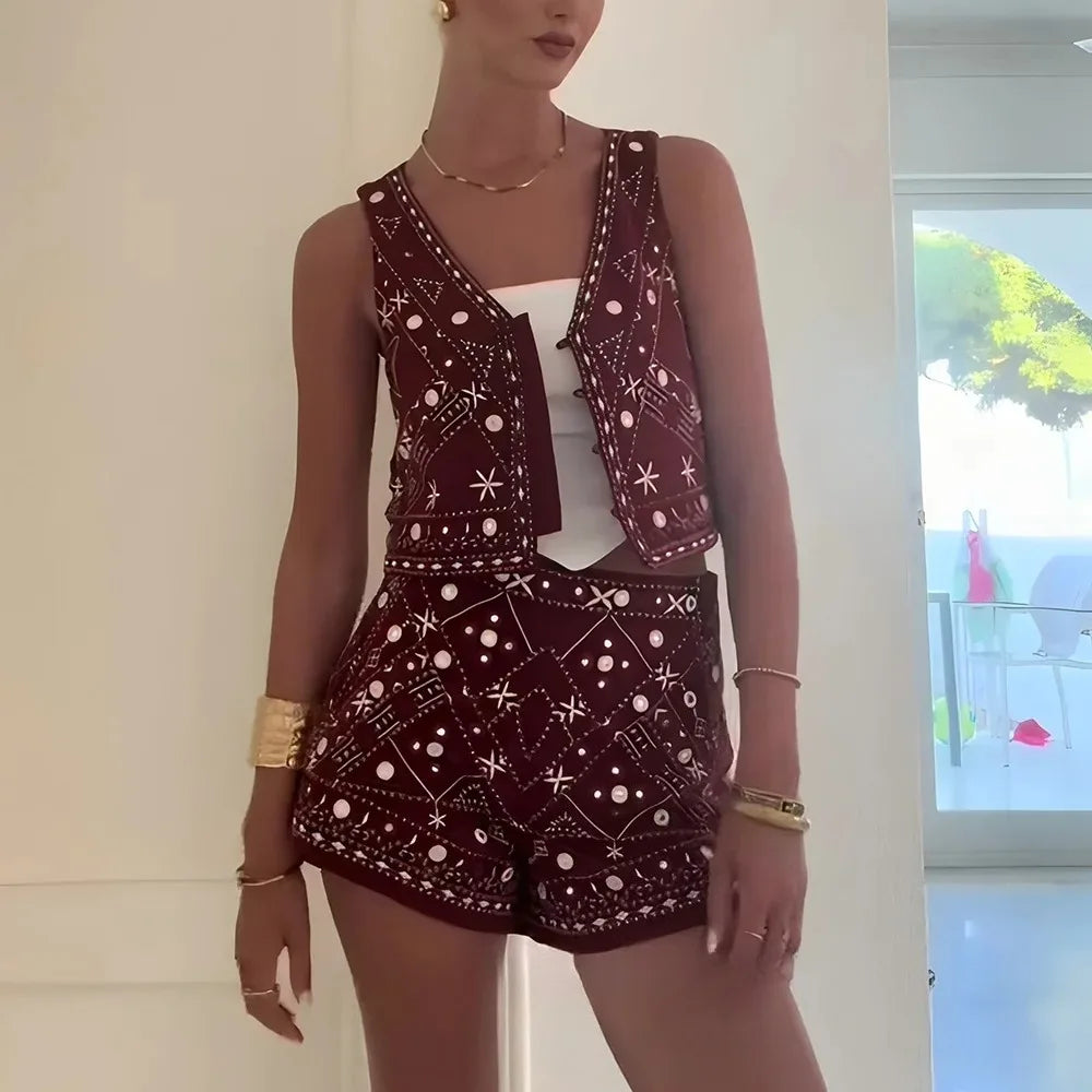 KONDALA Casual Chic Rot Stickerei Frauen Anzug V-ausschnitt Ärmellose Weste Breite Bein Shorts Mode 2025, Sommer Boho V-ausschnitt Frauen Sets