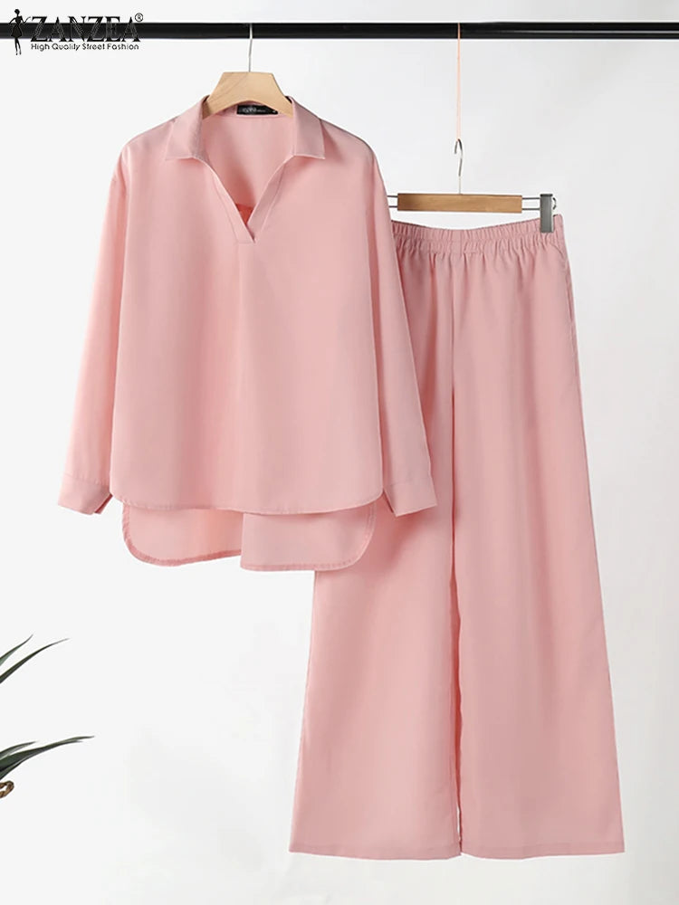 ZANZEA Frühling 2 stücke Outfits Frauen Hosen Anzüge Langarm Bluse Hose Sets Solide Arbeit Trainingsanzug Beiläufige Lose Passenden Set 2025
