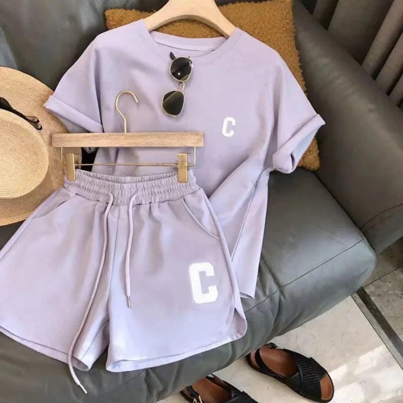    2-teiliges Set für Damen, Sommer, lockeres Kurzarm-T-Shirt, lässige Shorts, Sportdruck, Brief, Freizeitanzug, große Größe, kurze Pyjamas