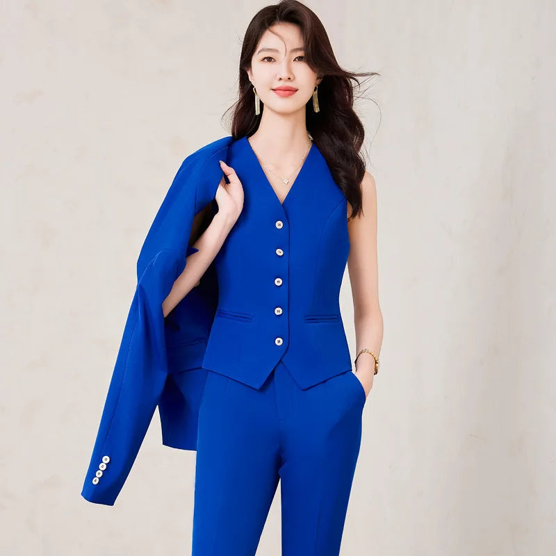 Modischer königsblauer Damen-Blazeranzug im 3-teiligen Set mit Weste und hochtaillierter Hose, langärmlig, einfarbig, Bürokleidung, Damen-Outfit