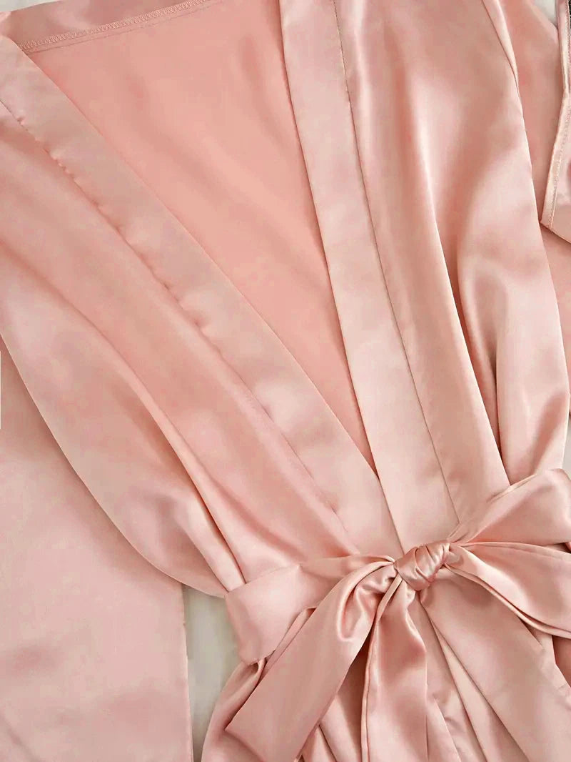 Damen Satin Nachtwäsche Pyjama Set Rosa Sexy Dessous Bademantel Spitze Patchwork Seide Nachtkleid Hose Home Bekleidet Nachtwäsche