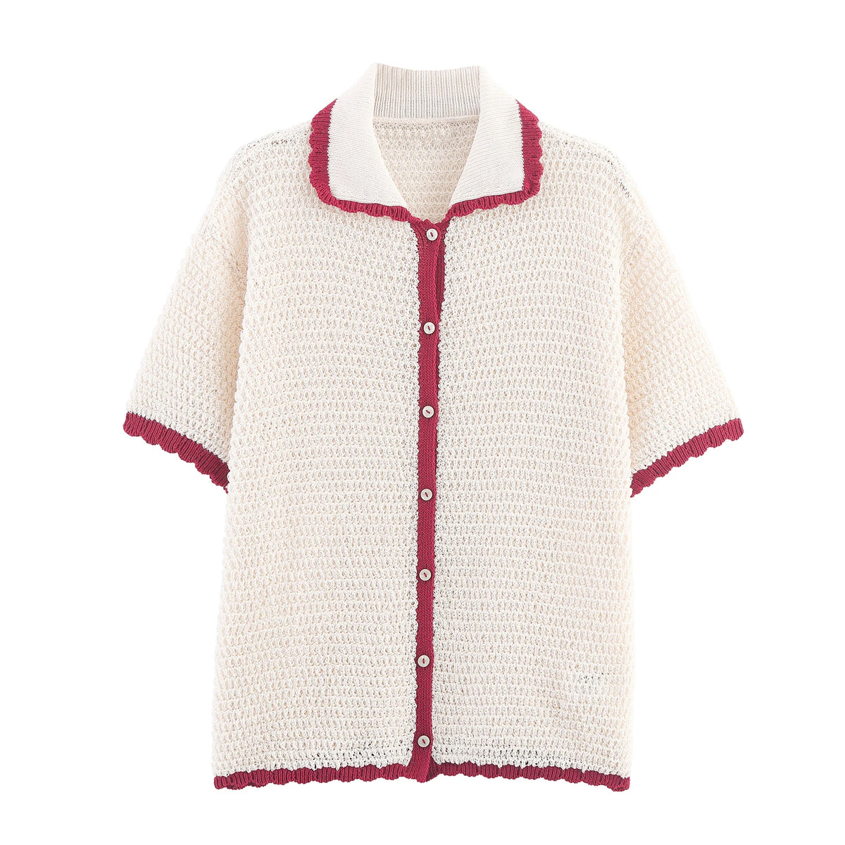 KONDALA Lady Casual Crochet Hollow Shorts Set Kurzarm-Hemden mit Knöpfen, Shorts mit Kordelzug 2025, Sommerferien, Damen-Strickset