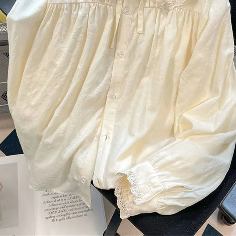Xpabb Süße Spitze Floral Turndown Kragen Hemd Frau Herbst Lange Hülse Lose Beiläufige Bluse für Frauen Allgleiches Tasten Shirts