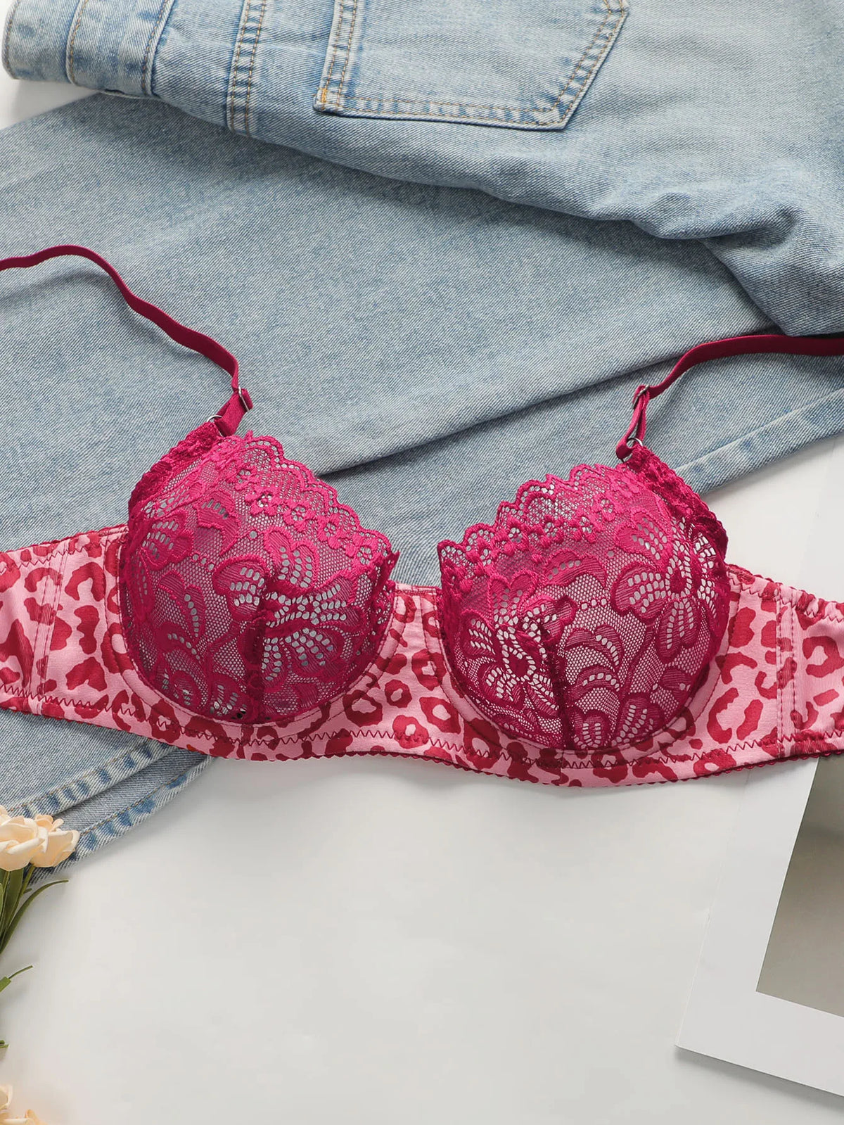Spitze Transparente Unterwäsche Sets für Frauen Sexy Dessous Fee Stickerei Kurze Sets Zarte Rosa Leopard Push-Up Bh A3131