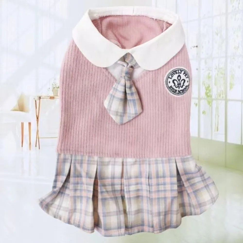 Britischer College-Stil Katzenhemd-Rock aus Polyester mit Fliege, Welpen-Karorock in Rosa, Blau, Grün, Bequeme Frühlings-Haustierkleidung