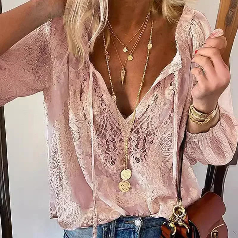 Vintage-Bluse mit Knöpfen und Schnürung, langärmelig, Spitze, elegant, Retro, lässig, Frühling, neue Mode, Tops für Damen, 2025, Blusen-Tops