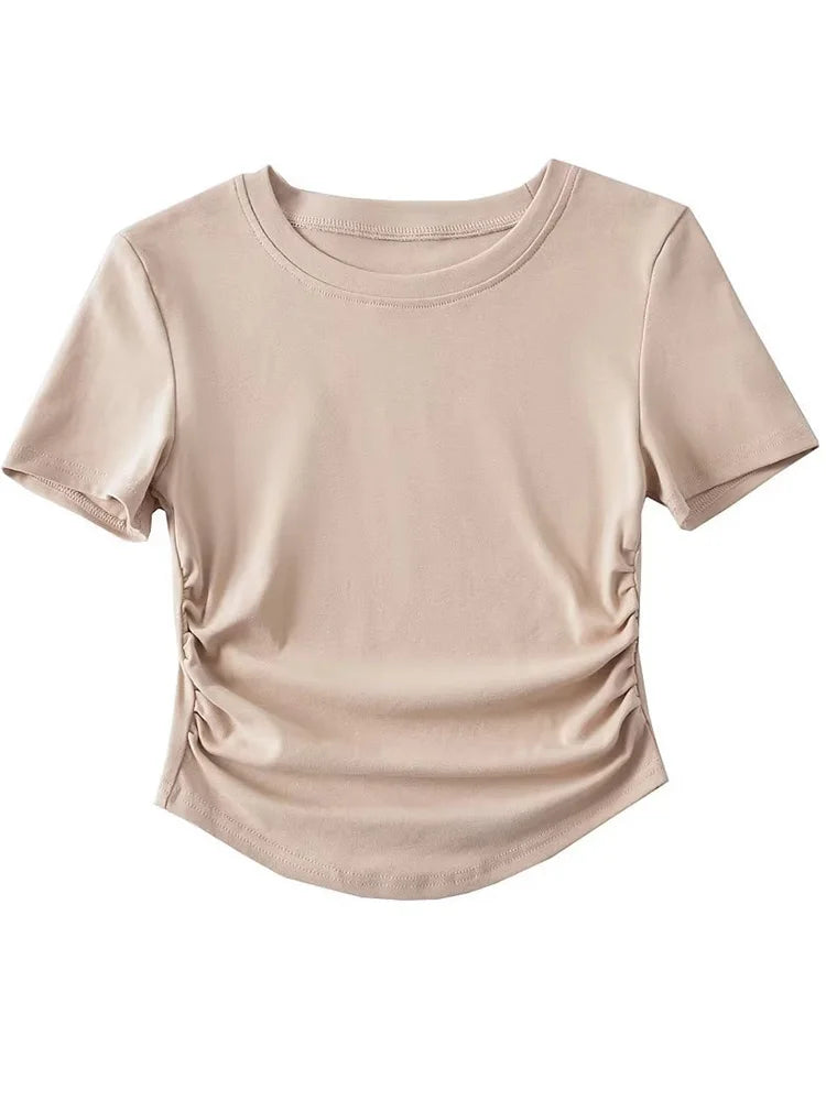 Harajuku Damen-T-Shirt aus Baumwolle mit Rundhalsausschnitt und gerüschten Seitendetails