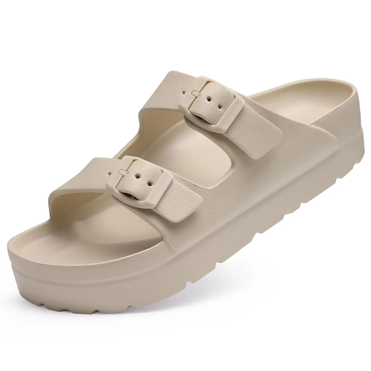 Comwarm Damen-Plateausandalen mit Fußgewölbeunterstützung, Sommer-Strand-Slipper, dicke Sohlen, flache Slip-On-Sandalen mit verstellbarer Schnalle