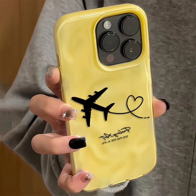 Trendige Flugzeug-Herz-Handyhülle für iPhone 17, 16, 11, 12, 13, 14, 15, Pro Max, Luftblau, Rosa, Gelb, stoßfeste, weiche Schutzhülle