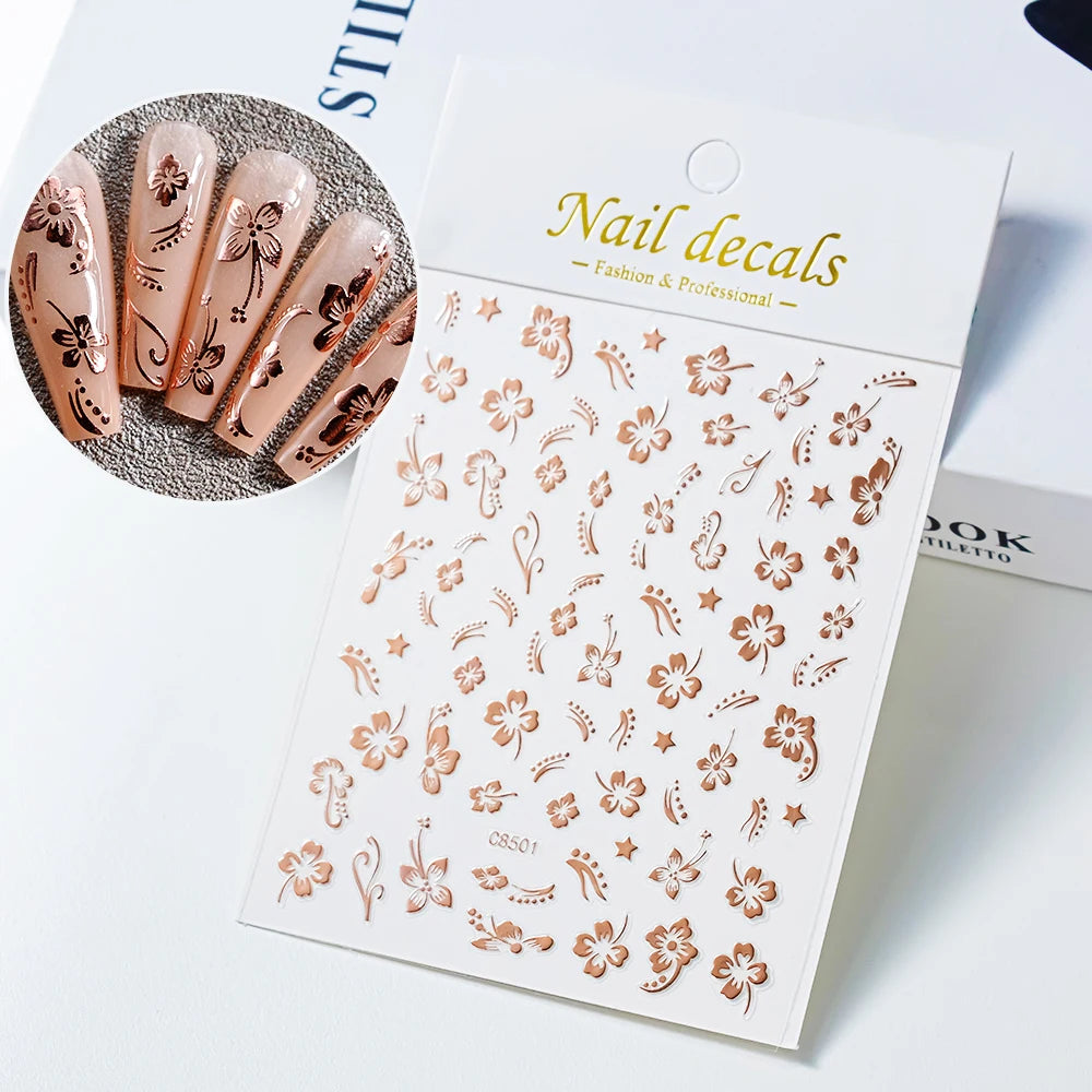 1 Stück 3D weiße Hibiskusblüten-Nagelkunst-Aufkleber, 8 Farben, hohle Blütenblätter, Blumen-Nagelaufkleber, exquisiter Gold-/Silber-/Schwarz-Blumenschieber