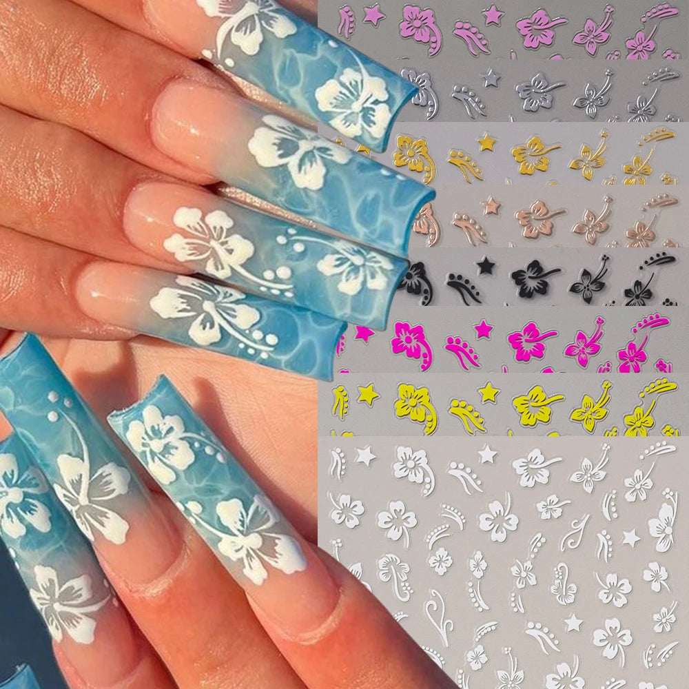 1 Stück 3D weiße Hibiskusblüten-Nagelkunst-Aufkleber, 8 Farben, hohle Blütenblätter, Blumen-Nagelaufkleber, exquisiter Gold-/Silber-/Schwarz-Blumenschieber