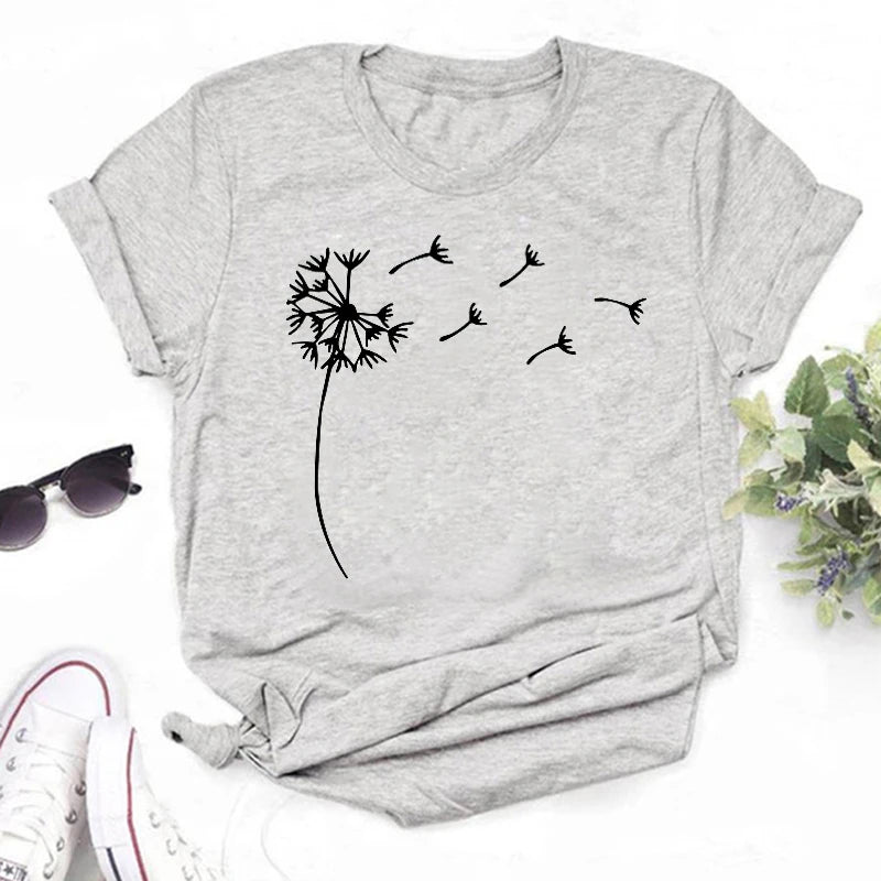 Neue Löwenzahn gedruckt Frauen T-Shirt Cartoon Grafik gedruckt schwarz Damen T-Shirt lässig Frau Shirt lustige T-Shirts