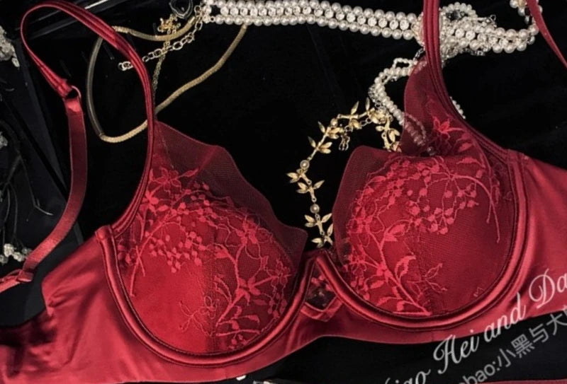 Sexy Spitzen-BH und Höschen-Set, Push-Up-Minimizer, tiefer Bügel, Demi-Cup für Damen, Partykleidung, durchsichtiges Push-Up-Minimizer-BH-Set aus Satin