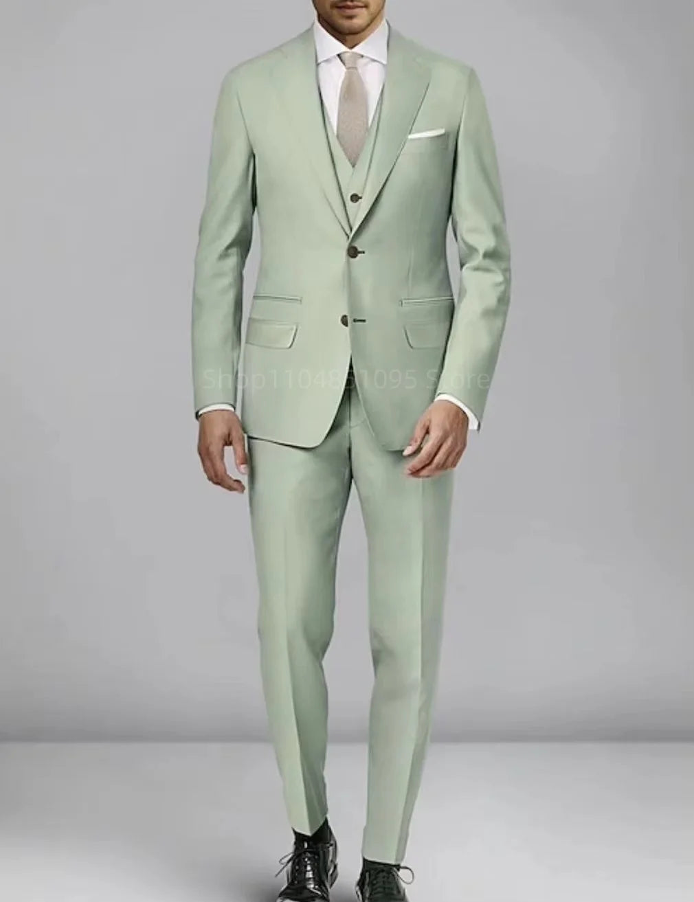Neueste Matcha-grüne formelle Herrenanzüge, schmale Passform, eleganter Bräutigam-Smoking, Business-Party-Anzüge, 3-teiliges Set (Jacke + Weste + Hose)