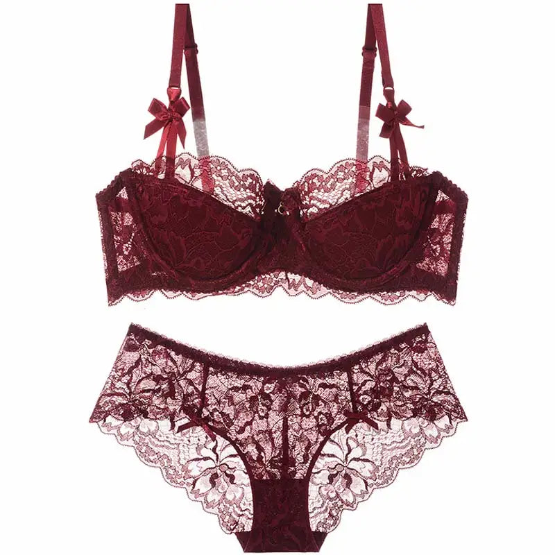 Sexy Push-up-BH-Set aus französischer Spitze für kleine Brüste, Anti-Durchhänger-Dessous-Set mit halben Körbchen und Höschen, durchsichtige verstellbare Träger