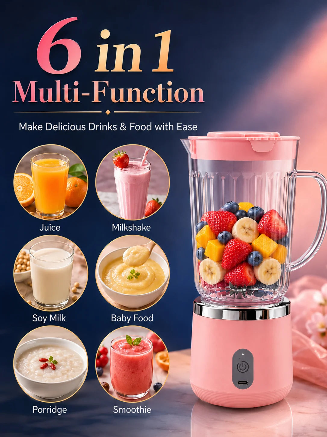 Kompakter 20cm Mini-Standmixer, 800ml großes Fassungsvermögen, USB-Ladefunktion, 304 Edelstahlklinge, Smoothie-Entsafter-Becher, leicht zu reinigen