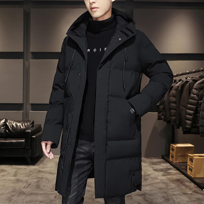 2025 Winter Mann Unten Jacke Einfache Feste Farbe Kalt-beweis Männliche Oberbekleidung Mittlere Länge Lange Sleeve Zipper Täglichen männer Mit Kapuze Mantel