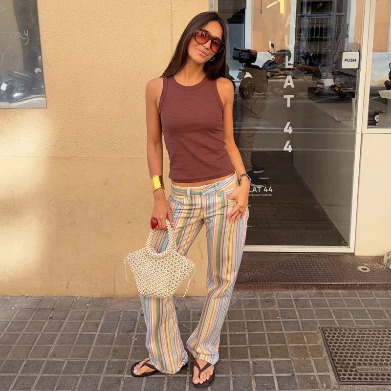 Bunte Streifen-Jeanshosen für Damen, lässige, gerade geschnittene Hosen, Damen-Hosen mit weitem Bein, Streetwear, Damen-Mode-Denim-Hose