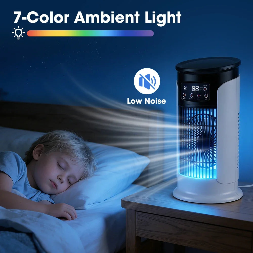 Mini-Ventilator, tragbare USB-Klimaanlage für Zuhause, Büro, Kaltluft-Kühlventilator, Luftbefeuchter, LED-Nachtlicht, 6-stufiger leiser Ventilator