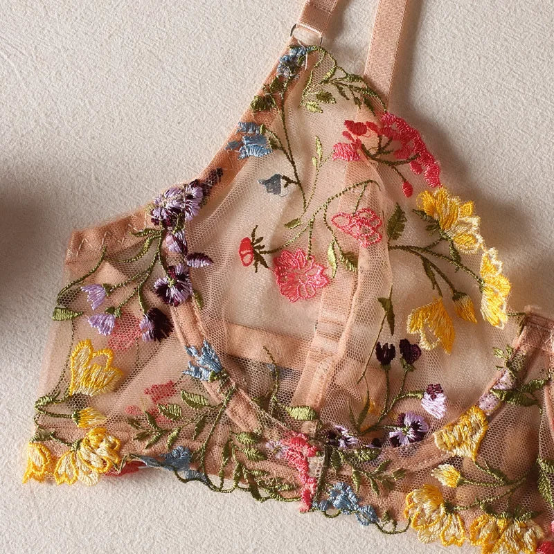 Blumenstickerei-Dessous-Set für Damen, durchsichtig, 2-teilig, Boho-BH + Höschen, Unterwäsche-Set, Dessous