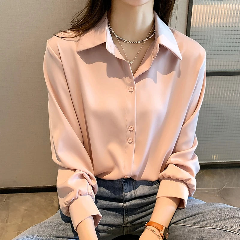 Frauen Shirts Frühling Herbst Casual Chiffon Hemd Büro Dame Mode Weibliche Lange Hülse Lose Feste Bluse Tops S-4XL