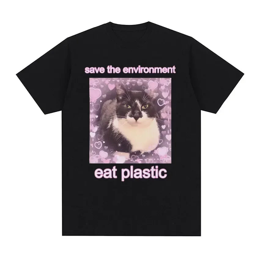 T-shirt Lustige Frauen Oansatz Kleidung T-shirts T-shirt Die Umwelt Essen Kunststoff Nette Katze Grafik Sommer Kurzarm Harajuku