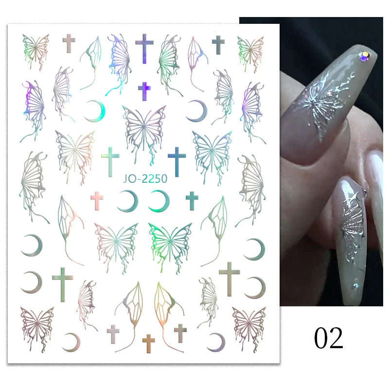 1PCS Schwarz Weiß Schmetterling Laser Nagel Aufkleber Y2K Nail art Dekoration Abstrakte Linien Bronzing Blumen Aufkleber Für Nägel