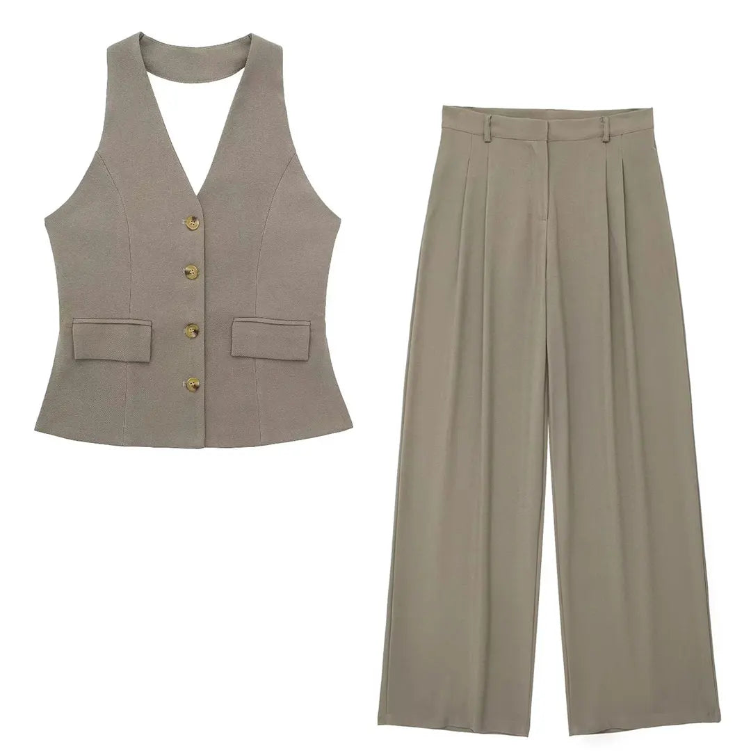 HH Hose-Sets für Damen, modisch, gelb, rückenfrei, Knopfhalter, bauchfreie Weste, Oberteil, gerade Hose, eleganter Büro-Damenanzug