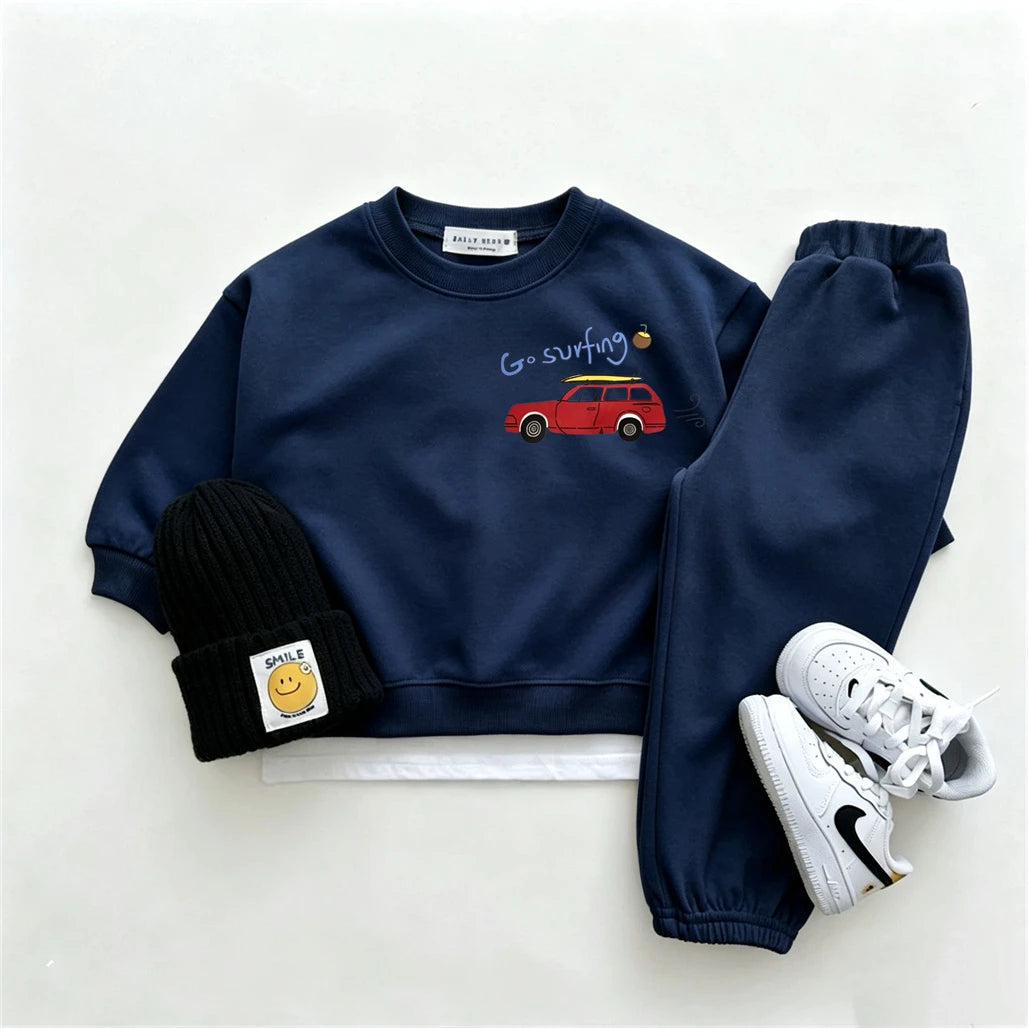 Einfarbige Outfits, einfacher Kapuzenpullover + Hose, zweiteiliges Set für Jungen, trendiges Kostüm, Rundhalspullover, Hosen, langärmelige Anzüge für Kinder