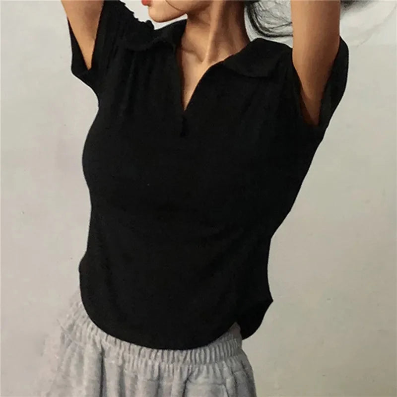 Sommer Kurzarm Revers Top Frauen Solide V-ausschnitt Pullover Retro Süße Shirts Heiße Mädchen Crop Top Weibliche Dünne Vielseitig t