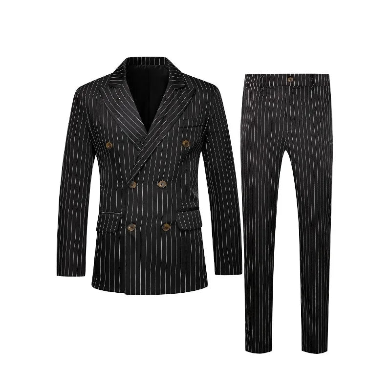 KIDWHXR Herren 2-teiliges Set Doppelreihiger Langarm-Blazer Gerade Geschnittene Hose Gestreifter Business-Hochzeits-Party-Anzug