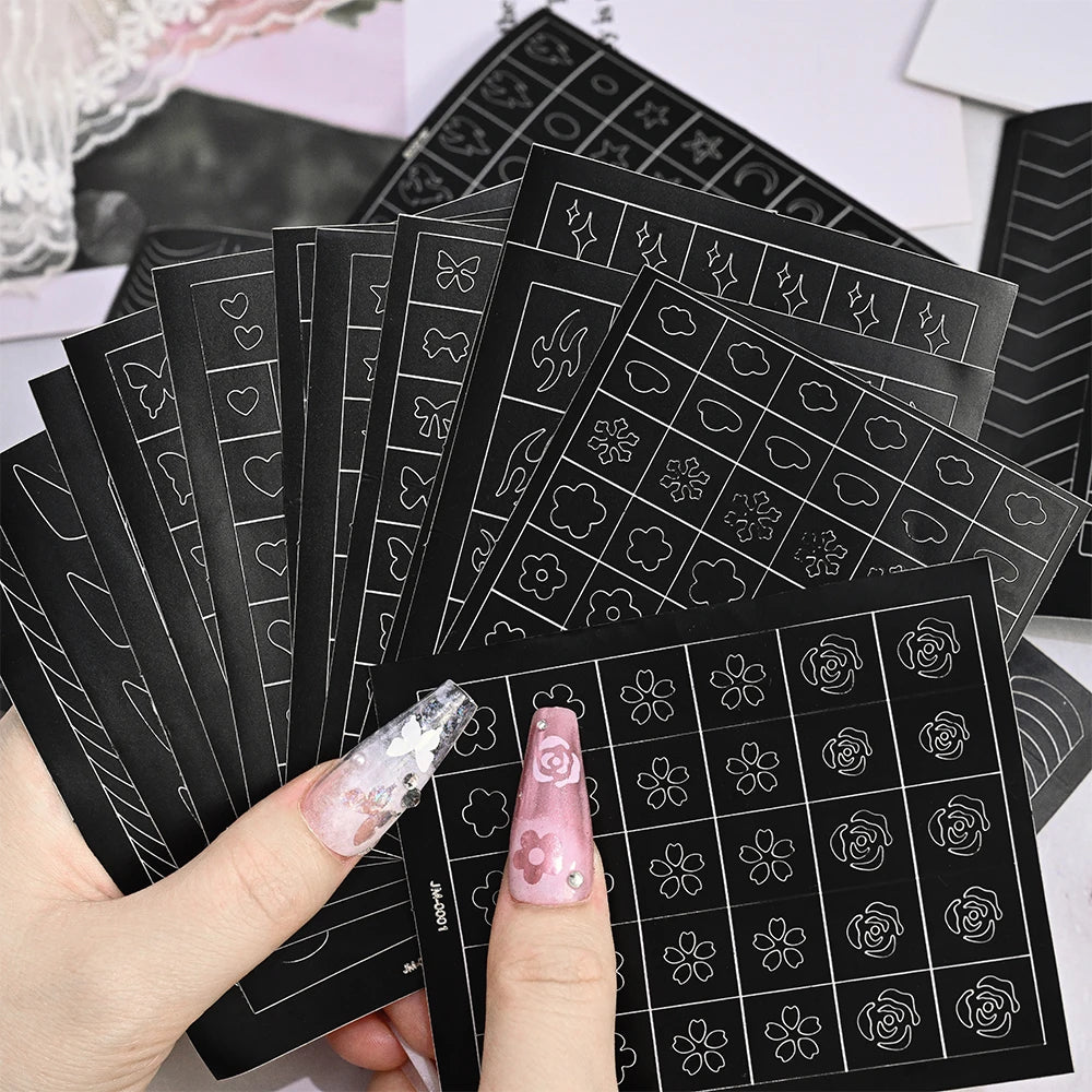 24 Muster Airbrush-Schablonen, Nagelkunst-Aufkleber, hohler Schmetterling/Blume/Schleife/Französische Liniendruckschablonen, Nagelaufkleber, DIY-Werkzeuge
