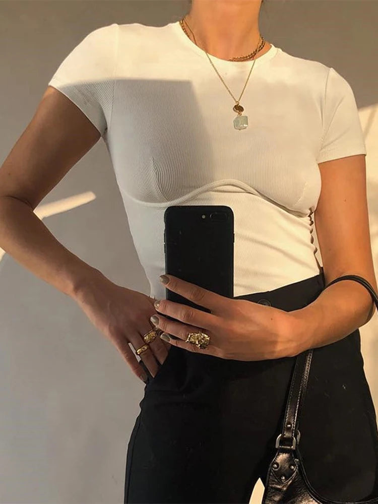 Casual Grundlegende Weiß Crop Top T Shirt Elegante Kurzarm Frau T-shirt Top High Street Baumwolle T-shirts Frauen Sommer