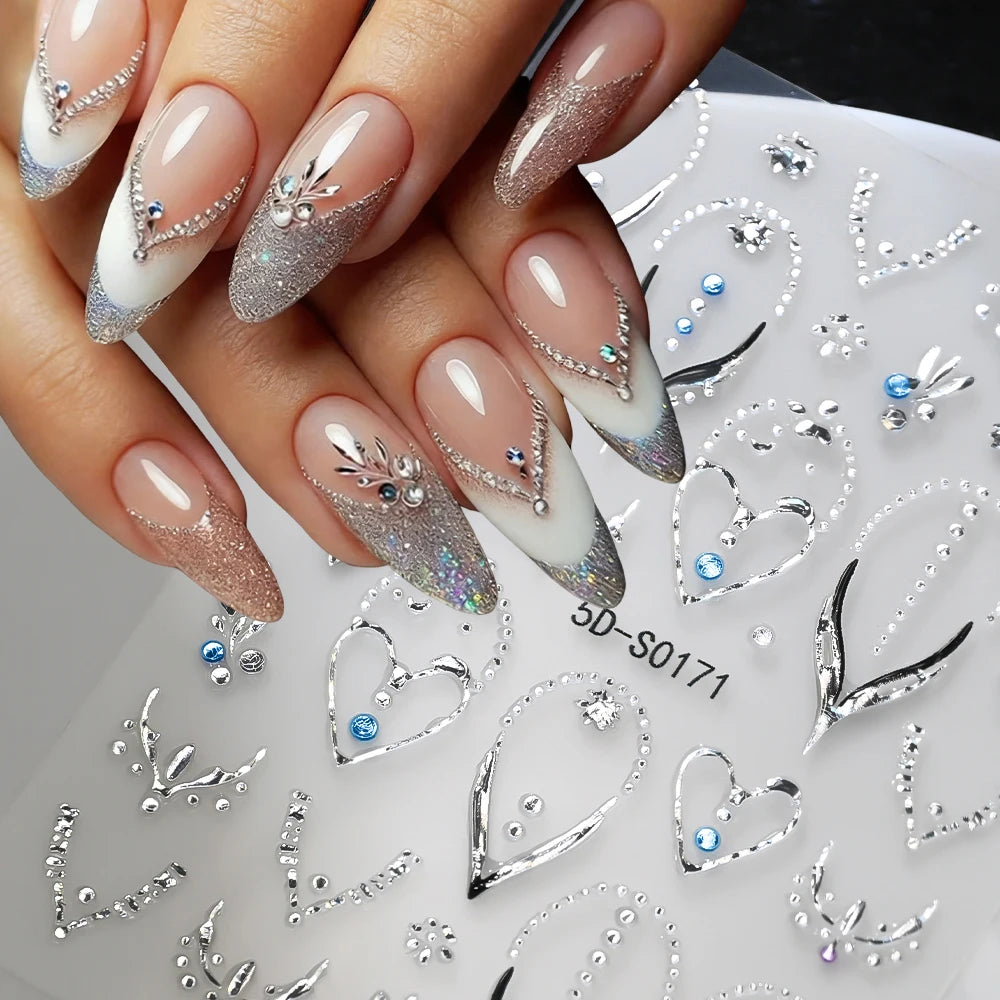 5D Laser French Silver Nagelaufkleber mit glänzenden Diamanten, Herz-/V-förmige Laser-Nagelkunst-Sticker, selbstklebende Maniküre-Dekoration