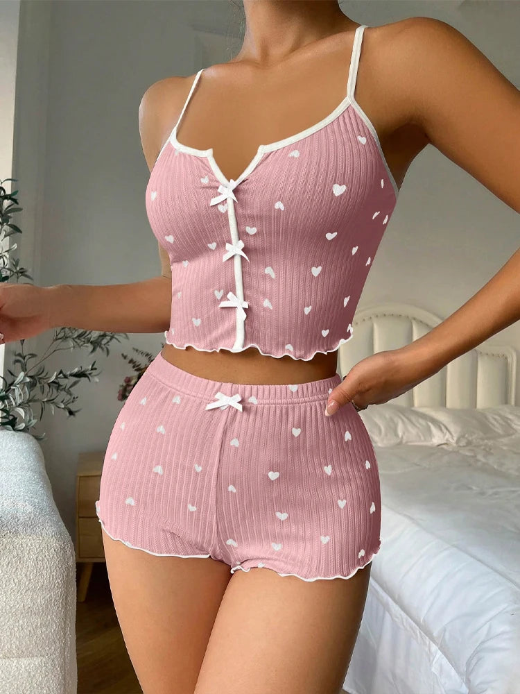 FINETOO Damen 2-teiliges Camisole-Top mit durchgehender Herzdruck und Shorts, Pyjama-Set, Schleife vorne, Nachtwäsche, Loungewear für Nachtwäsche