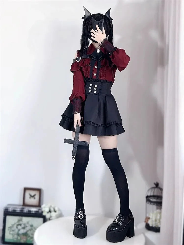 Damen-Lolita-Set, dunkles Femme-Mesh-Oberteil und Taillenrock, 2025, japanischer Herbst-Street-Style-Koord für Gothic-Baddie-Mode