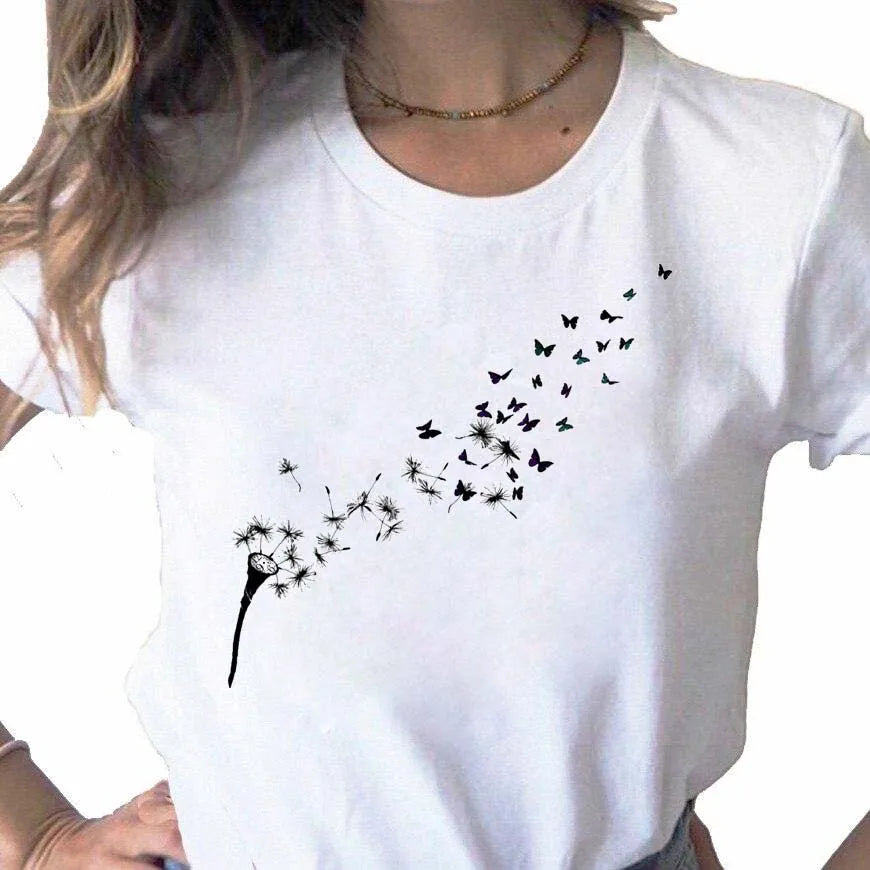 Neue Löwenzahn gedruckt Frauen T-Shirt Cartoon Grafik gedruckt schwarz Damen T-Shirt lässig Frau Shirt lustige T-Shirts