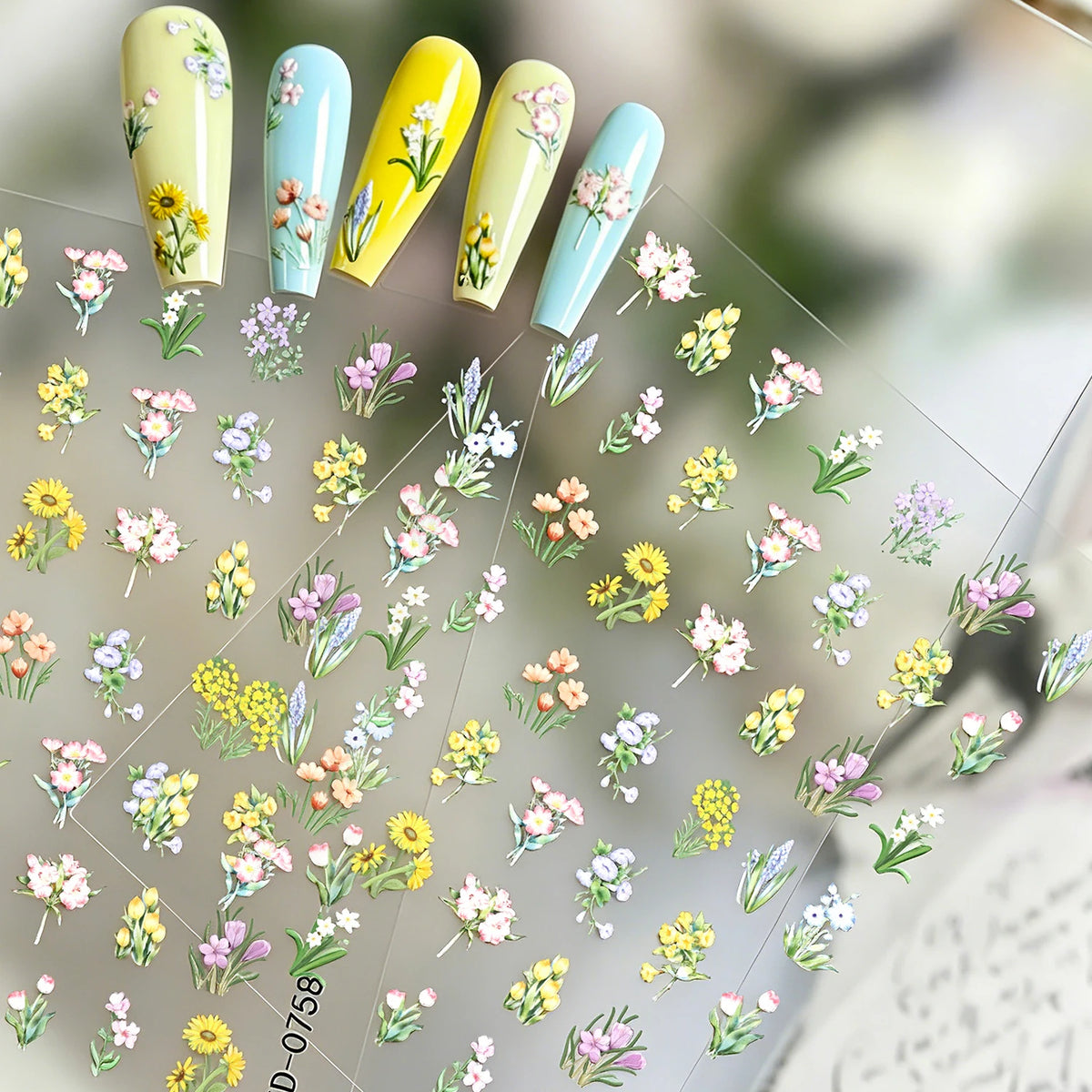 5D Geprägte Mehrkategorien-Blumen Nagelaufkleber Sonnenblume, Tulpe, Orchidee, Gras, Hyazinthe Design Nagelsticker DIY Frühlings-Blumendekoration