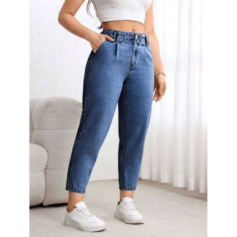 Damen Plus Size Jeans im amerikanischen Street-Style, elastische blaue Jeans, vielseitige modische Freizeithose aus Denim.