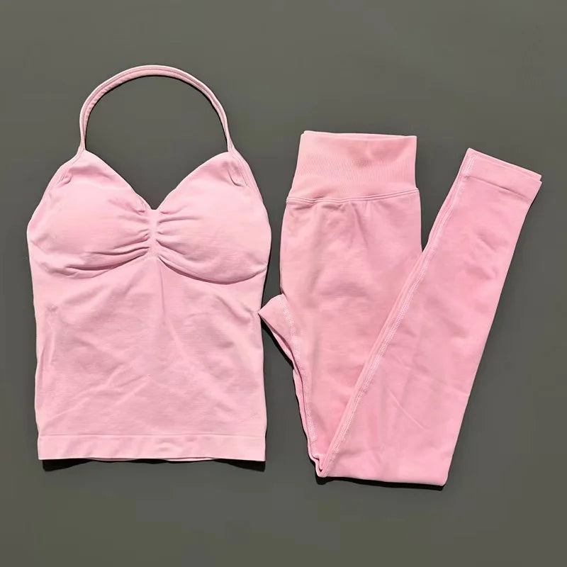 HISTELLO Gym-Leggings-Set, 2-teilig, für Damen, Yoga, lang, mit Trägern, nahtlos, Fitness-Kleidung, Laufen, Workout, Sport-Tops, Outfit