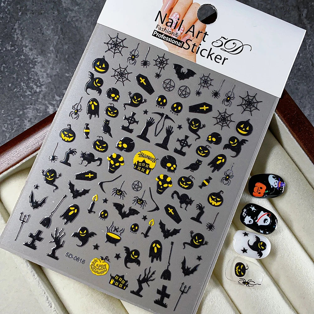 1 stücke Dark Horror Schädel Kürbis Kopf Nagel Aufkleber Schwarz Fledermaus Spinne Geist Gesicht Halloween Nagel Aufkleber Halloween Nagel Aufkleber versorgung