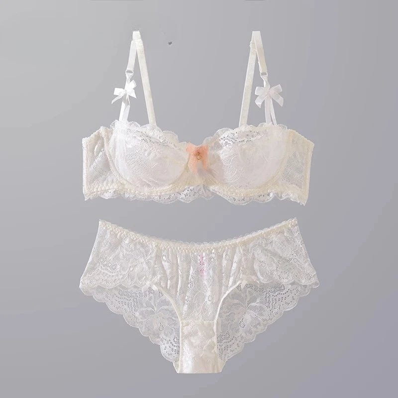 MOYISU Sommer-Dessous-Set, transparente französische Spitze, Minimiser-BH, Slip, ultradünn, sexy Damenunterwäsche, große Brust, sexy, zerknitter und Höschen