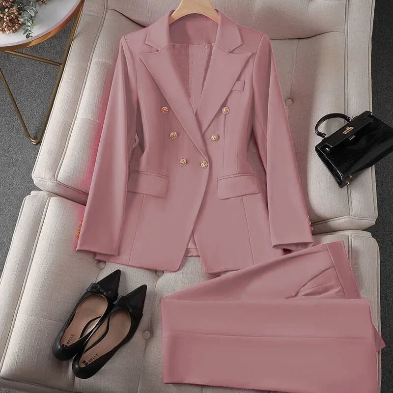 Koreanische Mode 2-Teiliges Set Blazer mit Umlegekragen Langarm Slim Fit Hosen Damenanzüge Büro-Damenkleidung Hosensets für Frauen
