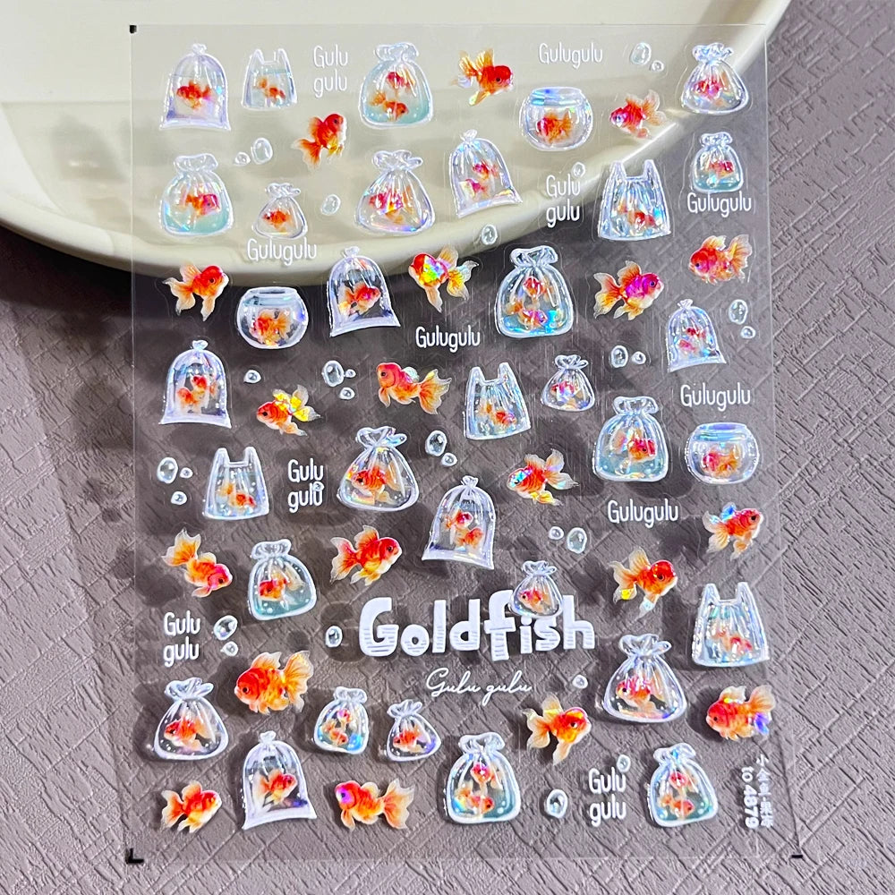 Bunte Blasen Laser Shattered Glass Effect Nail Art Aufkleber Regenbogen Bagful Goldfish 5D Aufkleber Selbstklebende Maniküre Sliders