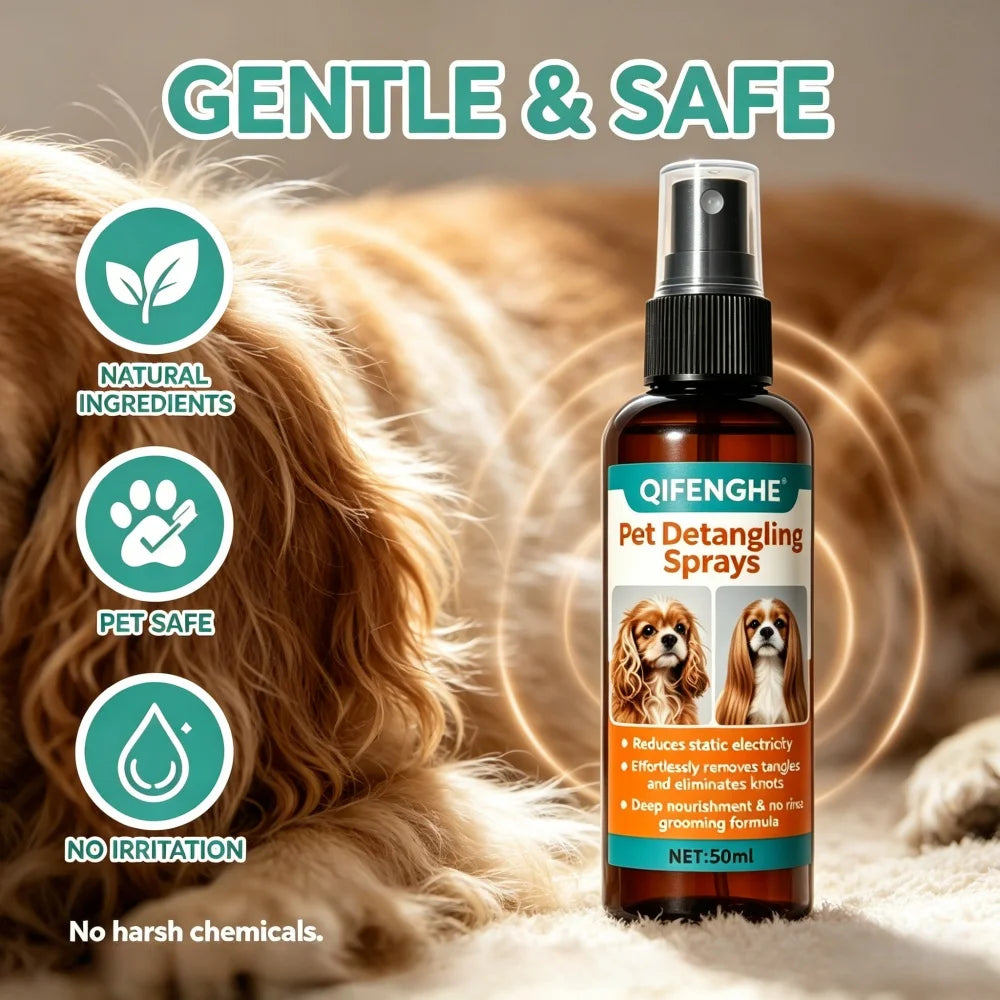 QIFENGHE 50ml Entwirrungsspray für Haustiere, Leave-In Conditioner für Hunde & Katzen, Reduziert Statische Aufladung & Beseitigt Knoten, Pflegespray ohne Ausspülen