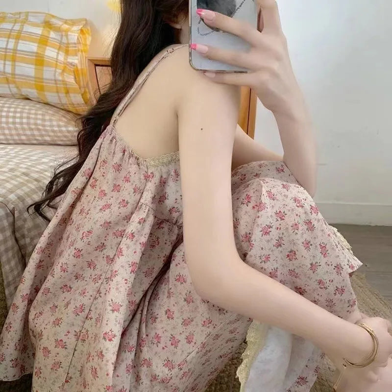 Frauen Neue Pyjamas Homewear Set Sommer Retro Kleine Gebrochene Blumen Halter Kurzarm Lange Hosen Dünne Pyjamas Homewear set