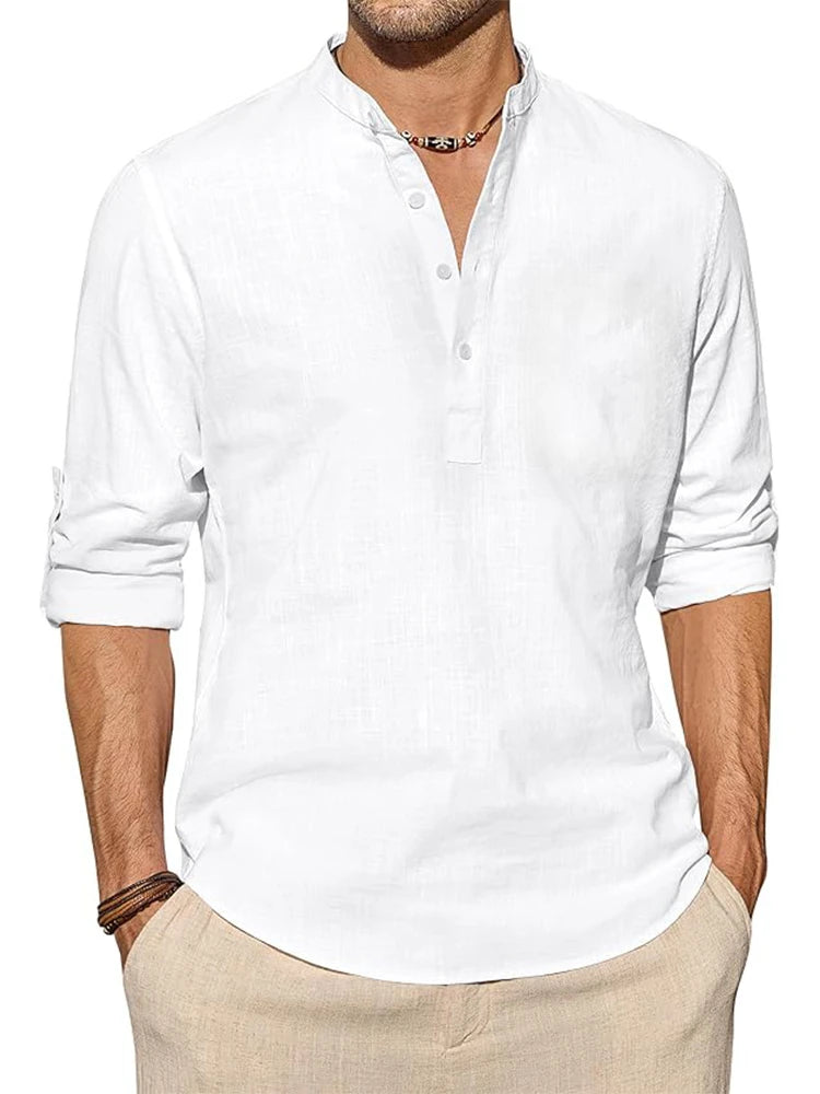 Neue Baumwoll-Leinen-Hemden für Herren, Freizeithemden, leichtes, langärmliges Henley-T-Shirt, einfarbige Langarm-Tops, aufrollbar